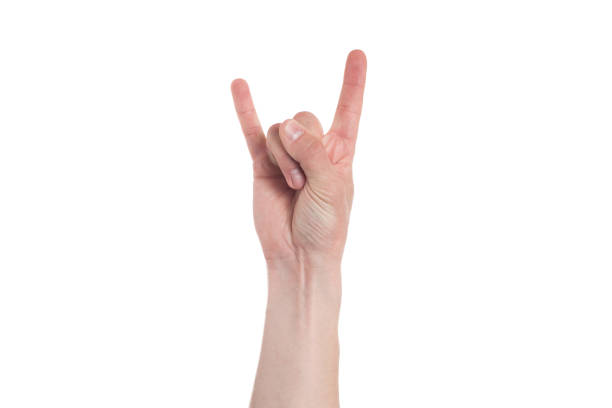 Hand shows the rock and roll sign isolated on a white background.