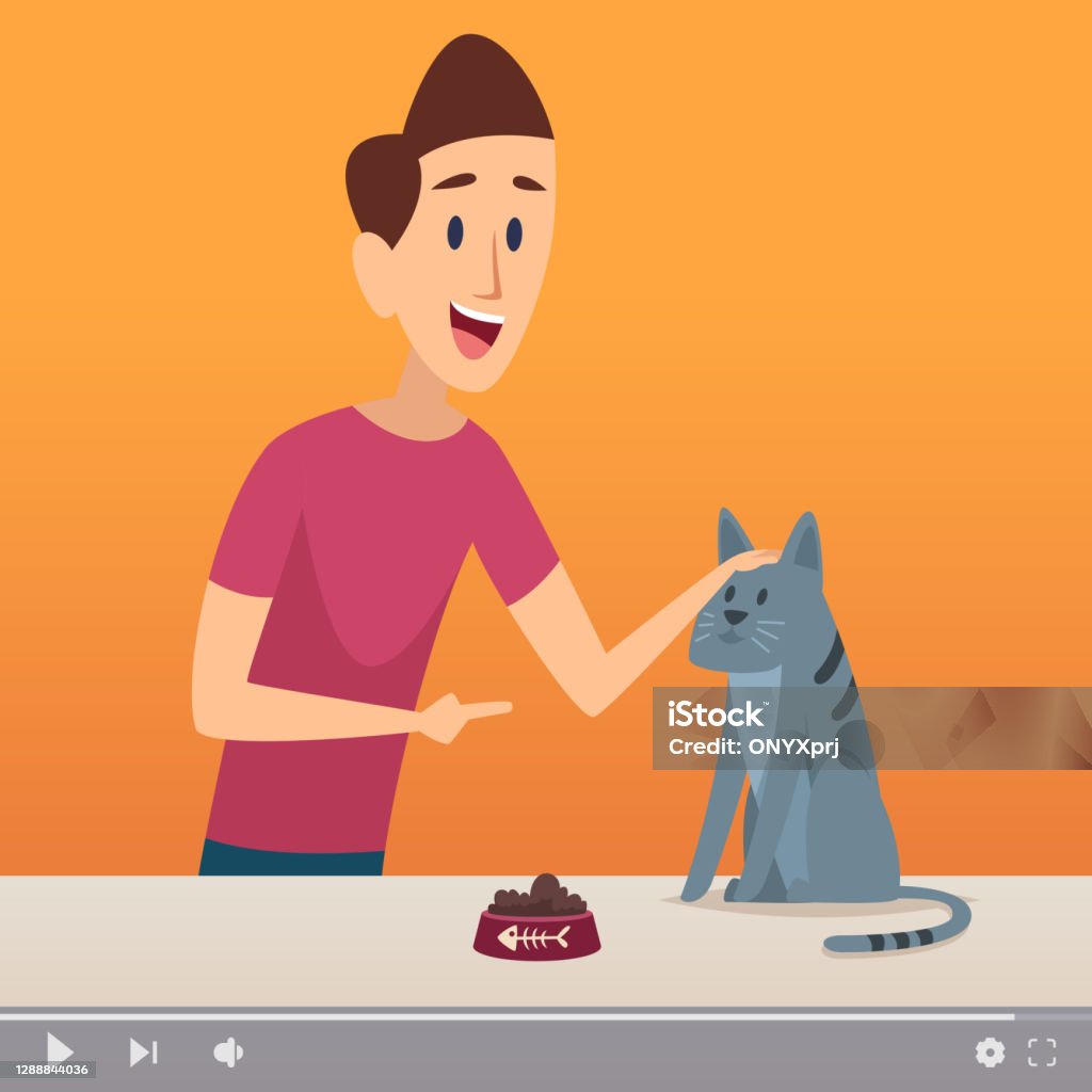 Groomer Man Male With Cat Video Content About Pets Animal Channel Online  Blogger And Cute Kitten Vector Illustration Stock Illustration - Download  Image Now - iStock