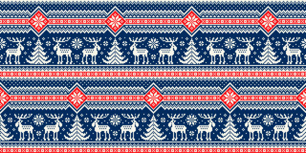 Christmas Pixel Pattern. Nordic Seamless Striped Ornament  with Elks and Christmas Trees. Scheme for Knitted Sweater Pattern Design. Winter Holiday Seamless Background. Christmas Pixel Pattern. Nordic Seamless Striped Ornament  with Elks and Christmas Trees. Scheme for Knitted Sweater Pattern Design. Winter Holiday Seamless Background christmas pattern pixel stock illustrations