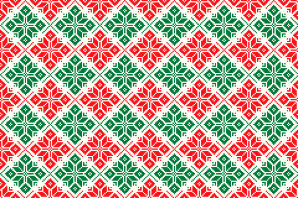 Winter Holiday Pixel Pattern. Seamless Christmas Star Ornament. Scheme for Knitted Sweater Pattern Design or Cross Stitch Embroidery. Winter Holiday Pixel Pattern. Seamless Christmas Star Ornament. Scheme for Knitted Sweater Pattern Design or Cross Stitch Embroidery christmas pattern pixel stock illustrations