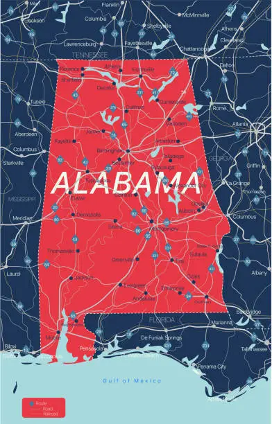 Vector illustration of Alabama state detailed editable map