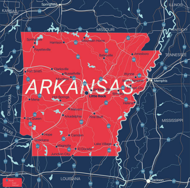 아르칸자스 주 상세한 편집 가능 지도 - kansas map cartography county stock illustrations