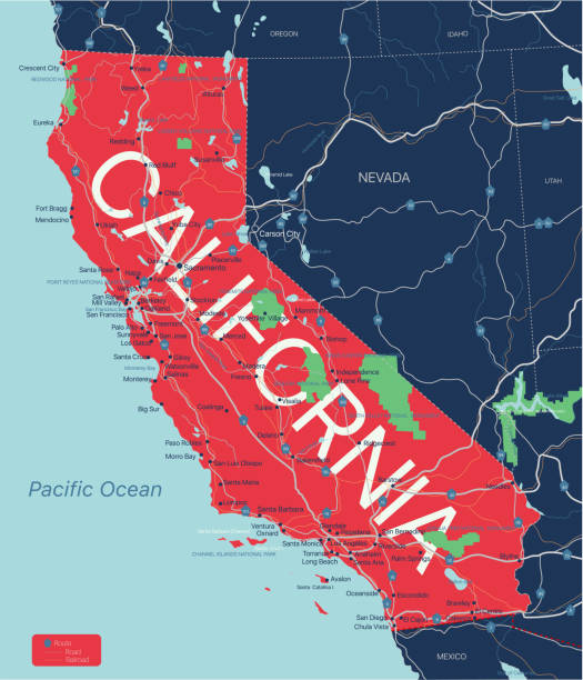 California state detailed editable map California state detailed editable map with with cities and towns, geographic sites, roads, railways, interstates and U.S. highways. Vector EPS-10 file, trending color scheme hollywood california stock illustrations