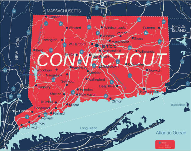 ilustraciones, imágenes clip art, dibujos animados e iconos de stock de mapa editable detallado del estado de connecticut - connecticut map