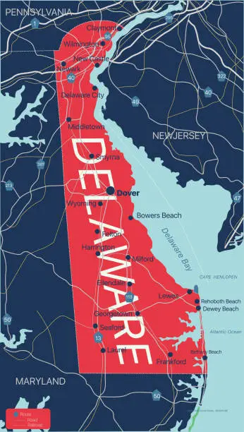 Vector illustration of Delaware state detailed editable map