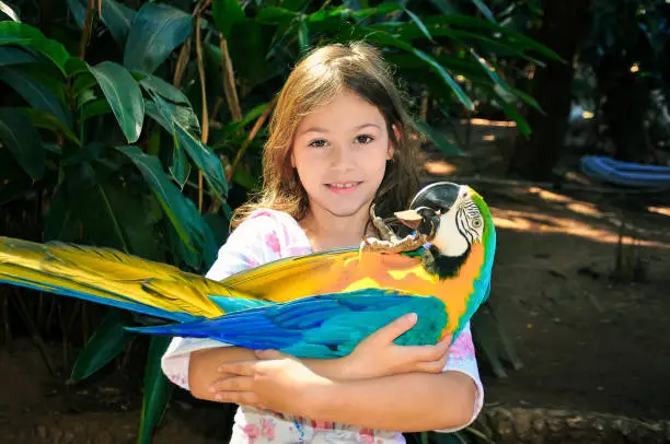 Photo of Pretty little girl holding a huge macaw embraced on her arms