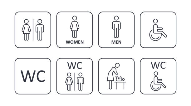 quadratische symbole männliche weibliche behinderte toilette, elternzimmer. abbildung von toilettenmännern frauen behinderte, mutter und kind. bearbeitbarer strich - toilette stock-grafiken, -clipart, -cartoons und -symbole