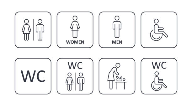 スクエアアイコン男性女性障害者トイレ、子育てルーム。トイレの男性の女性障害者、母子のイラスト。編集可能なストローク - バリアフリー 住宅点のイラスト素材／クリップアート素材／マンガ素材／アイコン素材