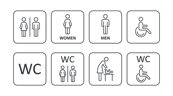Square icons male female disabled restroom, parenting room. Illustration of toilet men women disabled, mother and child. Editable stroke.