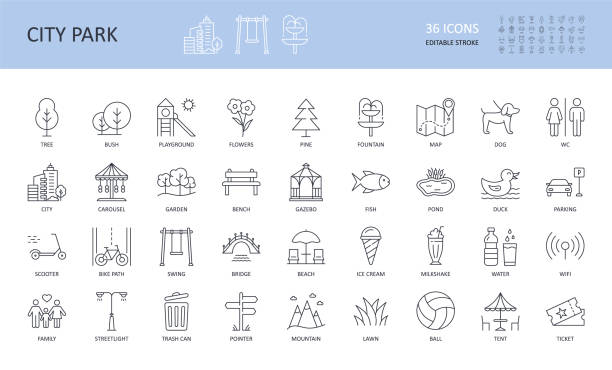 Vector city park icons set. Editable stroke. Tree fountain pond fish bush bench bridge garden pine playground flowers streetlight WC. Family mountain map ticket scooter lawn wifi ball umbrella parking Vector city park icons set. Editable stroke. Tree fountain pond fish bush bench bridge garden pine playground flower carousel swing bike WC. Family ticket scooter lawn wifi ball umbrella parking beach fountain stock illustrations