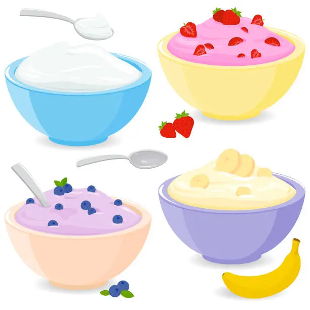 Vector illustration of Bowls with fruit yogurt or cream. Vector illustration