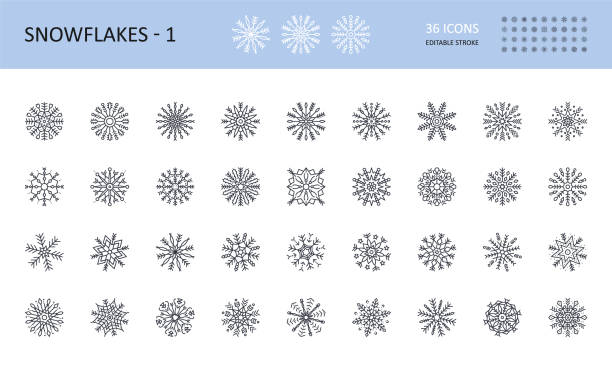 ilustrações de stock, clip art, desenhos animados e ícones de vector snowflake icons. editable stroke set. 36x36 pixels. symbols white background stock illustration. different six and eight-pointed snowflakes - christmas christmas tree snow illustration and painting