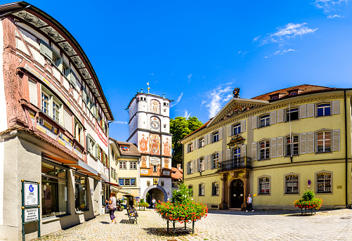 Wangen, Germany - August 6: famous historic buildings in the old town of Wangen on August 6, 2020