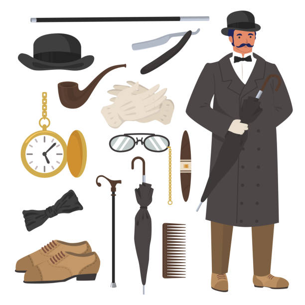 Victorian gentleman set, flat vector isolated illustration. English gentleman clothing and accessories. Victorian gentleman set, flat vector isolated illustration. English gentleman clothing and accessories. Bowler hat, cane, razor, watch, pipe, cigar, gloves, umbrella and shoes. watch cartoon gold illustration and painting stock illustrations