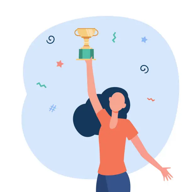 Vector illustration of Happy woman holding golden cup