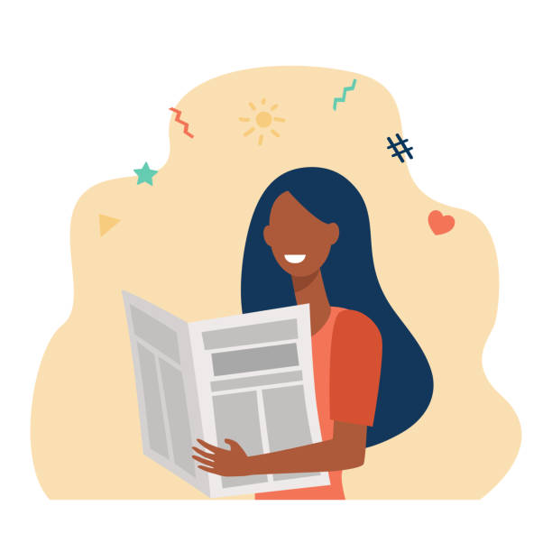ilustraciones, imágenes clip art, dibujos animados e iconos de stock de feliz mujer afroamericana leyendo periódico - mujer leyendo periodico