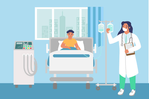Children hospital room. Sick boy lying in bed, female nurse standing next to drip, flat vector illustration. Kids health Children hospital room. Female nurse standing next to drip, sick boy lying in bed and receiving IV therapy, flat vector illustration. Pediatric hospital. Kids health. hospital ward stock illustrations