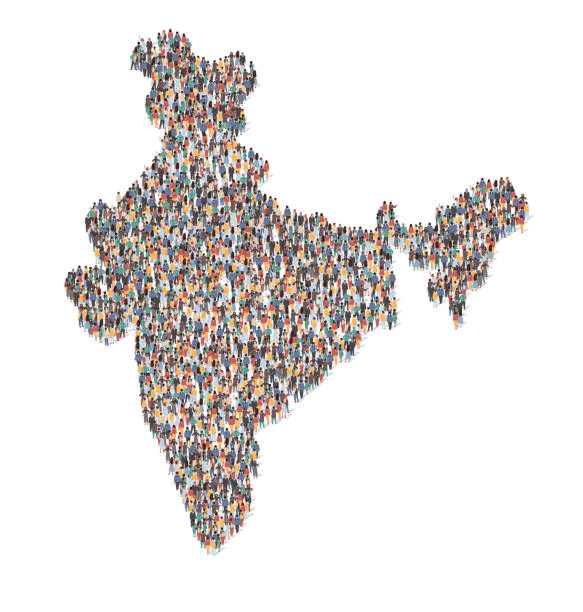 illustrations, cliparts, dessins animés et icônes de grand groupe de personnes formant la carte de l’inde restant ensemble, illustration plate de vecteur. démographie de la population. - india