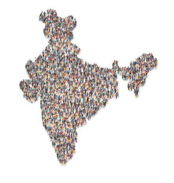 Vector illustration of Large group of people forming India map standing together, flat vector illustration. Population demographics.