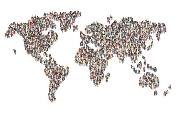 Large group of people forming world map standing together, flat vector illustration. Population, earth community. Large group of people forming world map standing together, flat vector illustration. People crowd gathering. Population demographics, globalization, earth community. population explosion stock illustrations