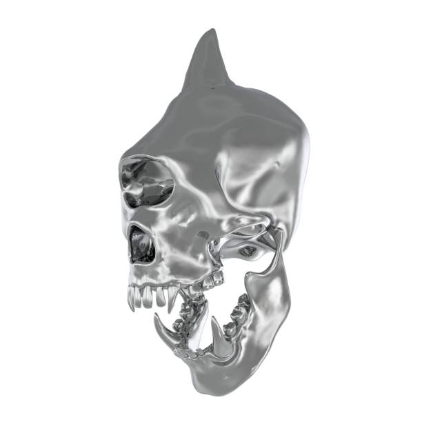 白い背景3dイラストに隔離された金属モンスターの頭蓋骨 - animal teeth animal skull extinct animal bone ストックフォトと画像