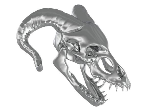 白い背景3dイラストに隔離された金属モンスターの頭蓋骨 - animal teeth animal skull extinct animal bone ストックフォトと画像