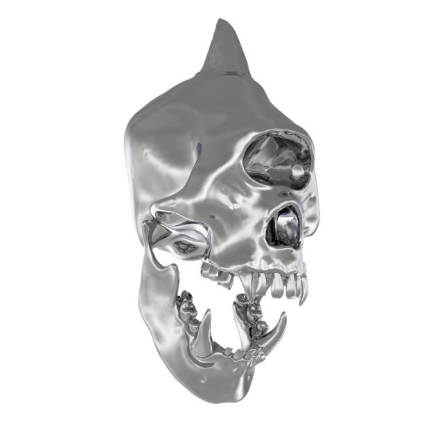 白い背景3dイラストに隔離された金属モンスターの頭蓋骨 - animal teeth animal skull extinct animal bone ストックフォトと画像