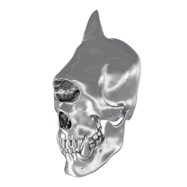 白い背景3dイラストに隔離された金属モンスターの頭蓋骨 - animal teeth animal skull extinct animal bone ストックフォトと画像