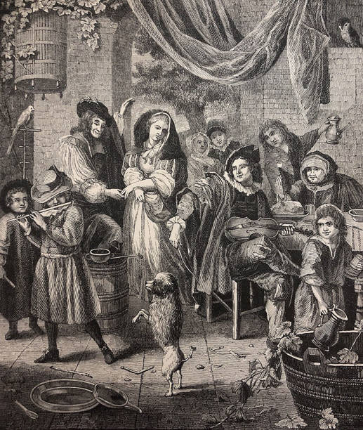 istock Antique illustration - large group of people gathered around an entertaining dog that is dancing to flute music 1288858831