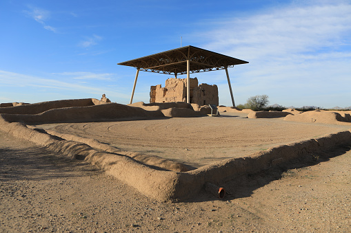 A View of the Casa Grande Ruins in Arizona. The remains of a Pueblo settlement built between 600 and 900 years ago