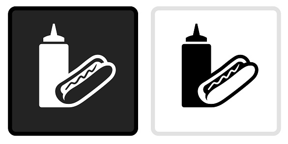 Hotdog & Mustard Icon on  Black Button with White Rollover. This vector icon has two  variations. The first one on the left is dark gray with a black border and the second button on the right is white with a light gray border. The buttons are identical in size and will work perfectly as a roll-over combination.