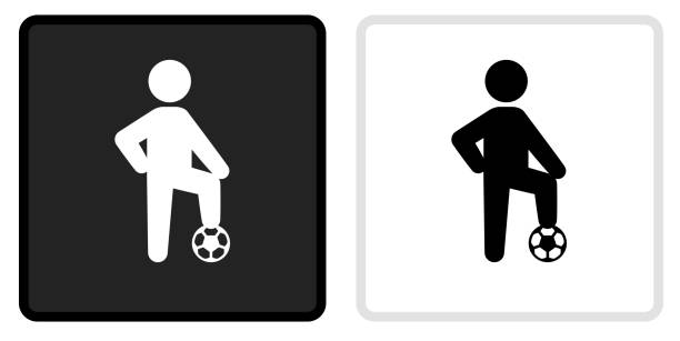 Child & Soccer Ball Icon on  Black Button with White Rollover Child & Soccer Ball Icon on  Black Button with White Rollover. This vector icon has two  variations. The first one on the left is dark gray with a black border and the second button on the right is white with a light gray border. The buttons are identical in size and will work perfectly as a roll-over combination. boys soccer stock illustrations