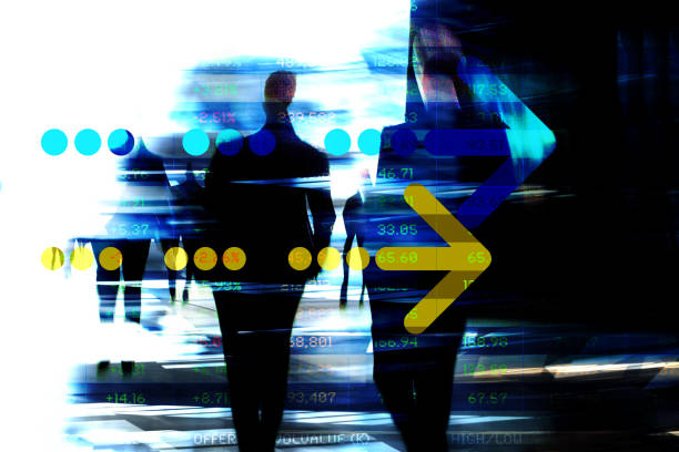 istock Arrows and Businessmen with trading screen data. Blurred motion. 1288864456