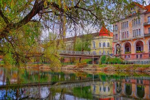 The promenade on the bank of the Crisul Repede River in Oradea, Romania