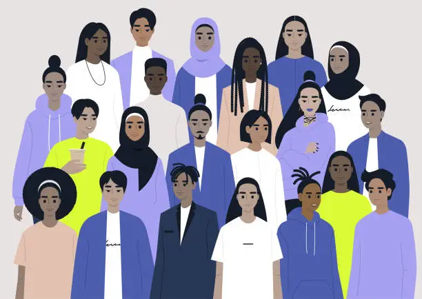 Vector illustration of A big group of characters, a diverse community, people of color