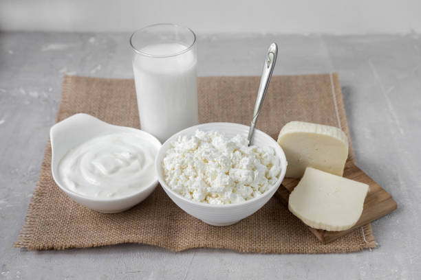 istock Dairy products in different dishes on a clear background 1288868423