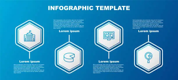 Vector illustration of Set line Prado museum, Cheese, Picture art and Omelette in frying pan. Business infographic template. Vector