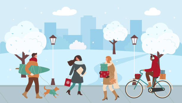 ilustraciones, imágenes clip art, dibujos animados e iconos de stock de la gente camina por la calle de la ciudad, se apresura por la venta del mercado de navidad - shopping christmas women retail