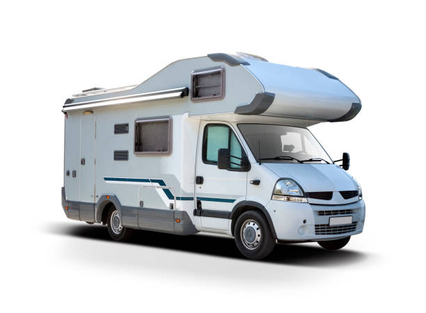 Motorhome, California Motorhome side view isolated on white background camper trailer photos stock pictures, royalty-free photos & images