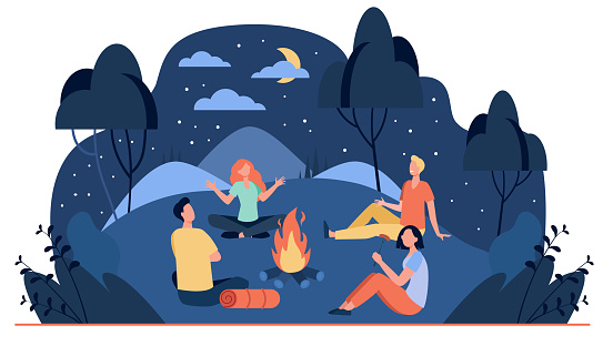 Happy friends sitting near campfire at summer night flat vector illustration. Cartoon people telling scary story near fire. Summertime camping and nature recreation concept