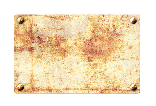 Old metallic plank with rusty texture and vintage nails. Isolated on white background. Mock up template. Copy space for text. 3d render