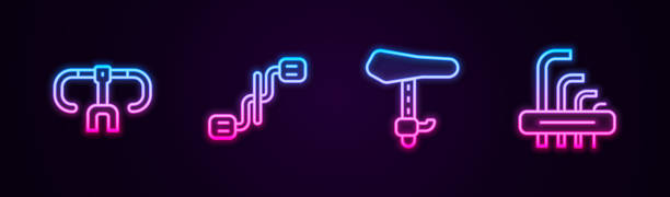 istock Set line Bicycle handlebar, pedals, seat and Tool allen keys. Glowing neon icon. Vector 1288872882