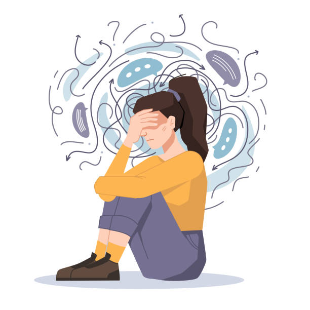 ilustrações de stock, clip art, desenhos animados e ícones de anxiety, woman fears and phobias, thoughts get confused and crushed isolated girl sitting on floor with headache. vector troubled unhappy girl, anxious scared female in despair, psychological problems - fobia ilustrações