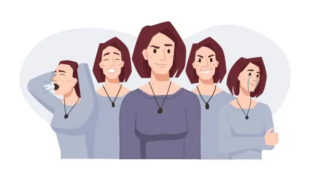 Vector illustration of Bipolar disorder, mood swings, woman face expressions in different moods. Vector female happy and crying, in depression and stress, split of personality. Psychotherapy problems, positive and negative