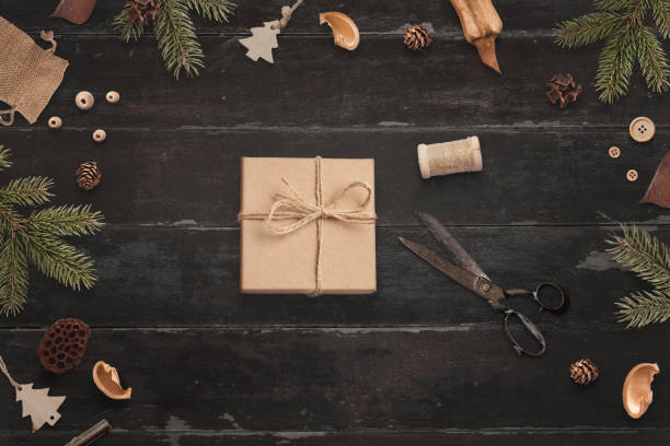 istock Christmas gift wrapping. Rustic composition. Top view, flat lay of wooden table 1288874870