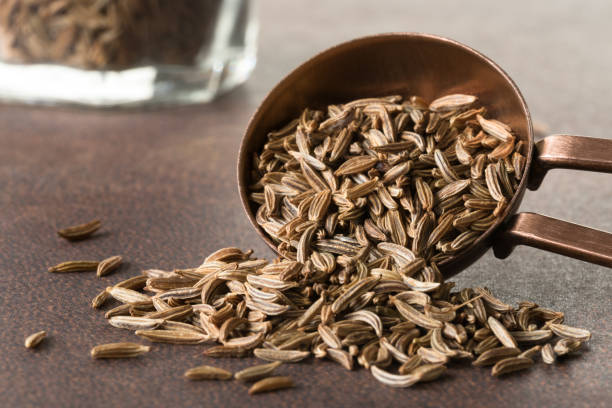Caraway Seeds Spilled from a Teaspoon stock photo