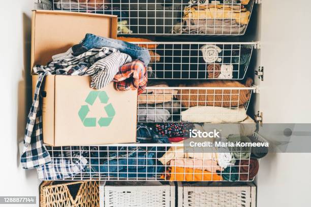 Recycle Clothes Concept Recycling Box Full Of Clothes Stock Photo - Download Image Now
