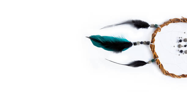 istock Banner on a white background with space for text on the left. A unique mystical dream catcher made of willow vines, white threads, beads, colored feathers, placed right horizontally. Scandinavian style. 1288879889
