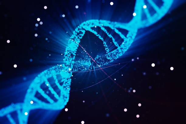 istock Creative light DNA illustration on blue background, science and biology concept. 3D Rendering 1288881534