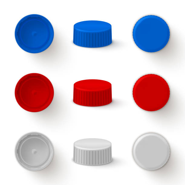 Caps plastic for bottles realistic mock ups set. Top, bottom, side view. Lids white, red, blue. Caps plastic for bottles realistic mock ups set. Top, bottom, side view. Lids white, red, blue for drinks packaging. Place for your design, logo. Vector templates isolated collection illustration. bottle cap stock illustrations